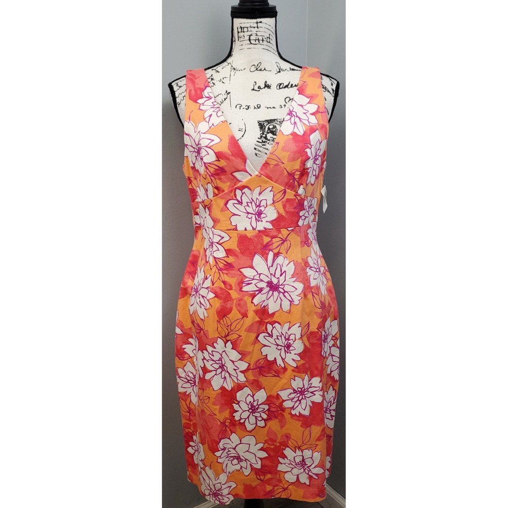 David Meister Tank Dress Womens 12 Multi Floral Sleeveless V Neck Bow Back Zip